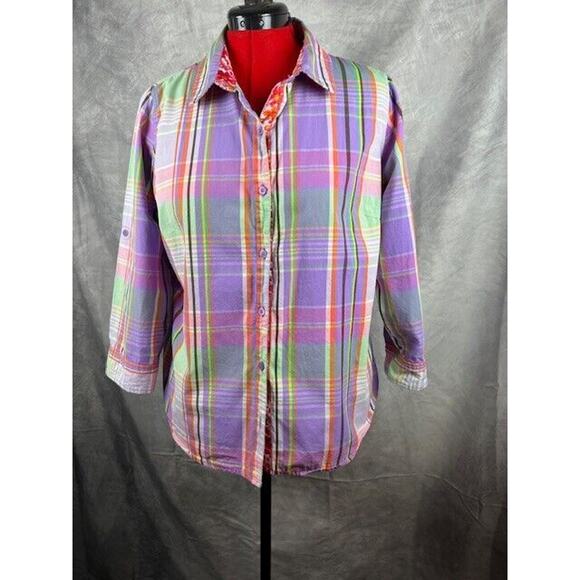 Caribbean Joe Tops - Caribbean Joe Womens XL Striped Colorful Full-Button Long Sleeve Shirt